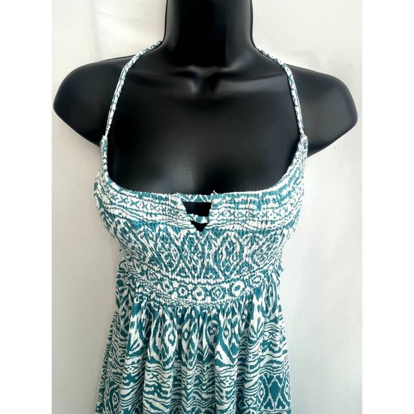 Boho Me NWT Maxi Woven Maxi Dress Teal White Smocked Top Open Back Size L - Picture 2 of 12